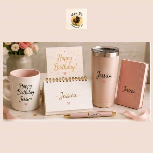 Personalized birthday gifts including a custom mug, notepad, tumbler, journal, pen, and birthday card.