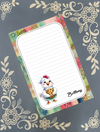 Personalized notepad featuring a whimsical illustration of a baking chicken holding a chocolate chip cookie with custom name text placed on a gray background with cream floral patterns.