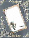 A rectangular lined notepad with a vintage floral border and an illustration of a cat wearing a chef's hat and holding a rolling pin, placed on a gray background with cream floral patterns. The name 'Brittany' is printed in script near the bottom right.