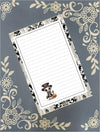 Personalized notepad featuring a dapper vintage skeleton in a top hat illustration with custom name text on a floral patterned background