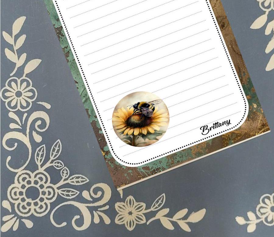 Personalized Bee and Sunflower 2, green and gold, Notepad Stationery