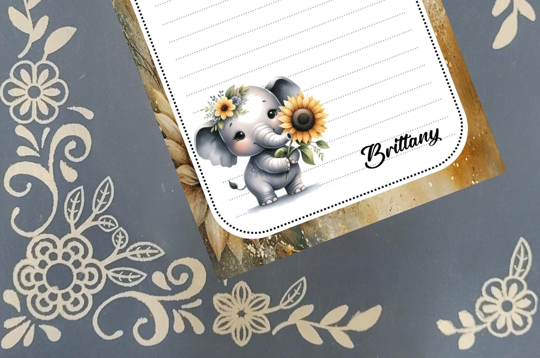 Personalized Elephant with a Sunflower, Notepad Stationery