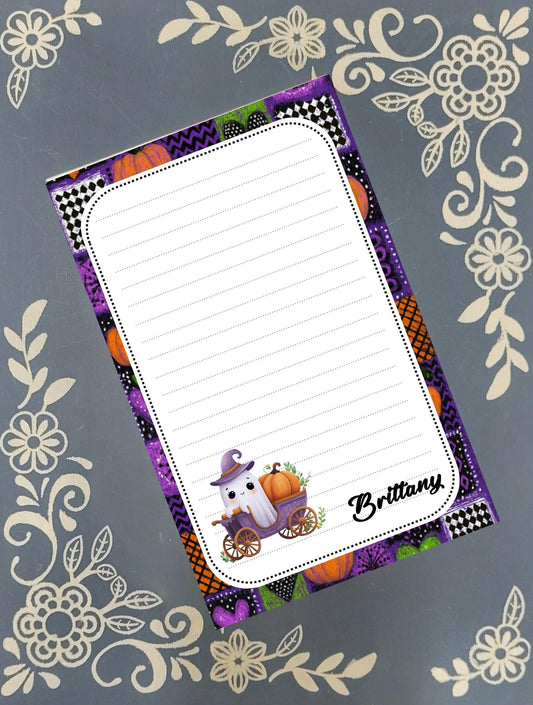 Personalized Ghost in a Cart with a Pumpkin, Halloween, Notepad Stationery