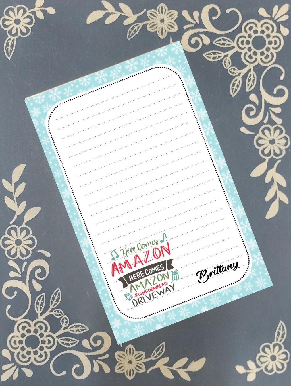 Personalized Amazon, Here Comes Amazon..., Prime, Christmas, Winter, Holiday, Notepad Stationery