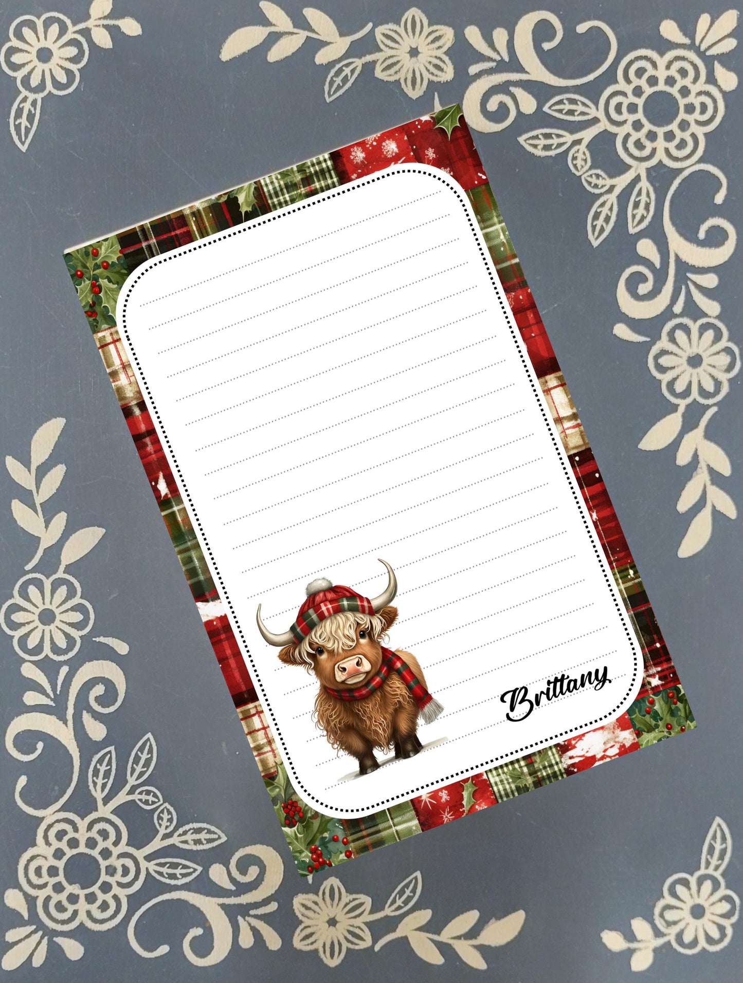 Personalized Highland Cow Christmas, Winter, Holiday, Notepad Stationery