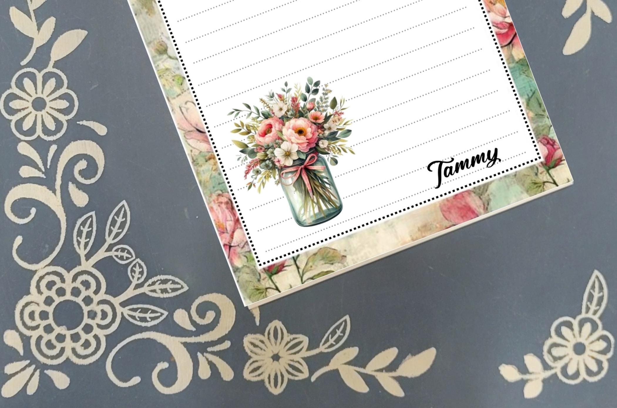 Personalized Flowers, Pink Flowers in a Vase, Notepad Stationery