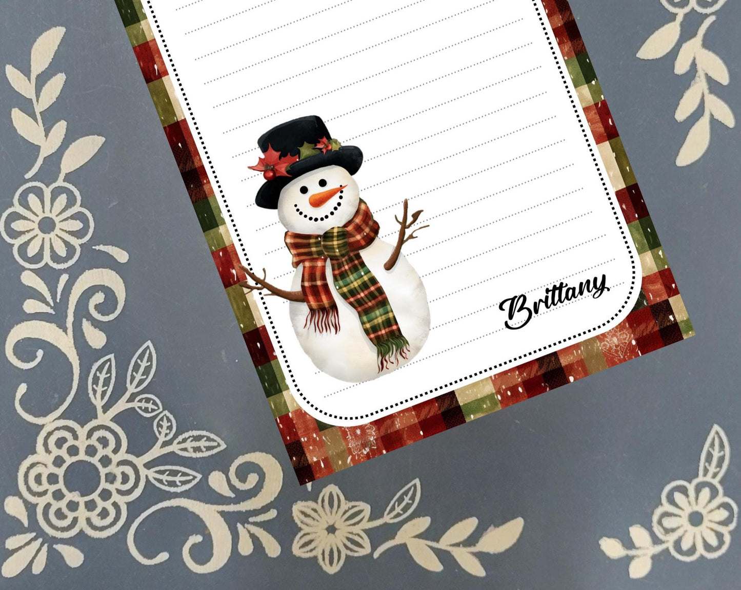 Personalized Snowman, Christmas, Winter, Holiday, Red Plaid, Notepad Stationery
