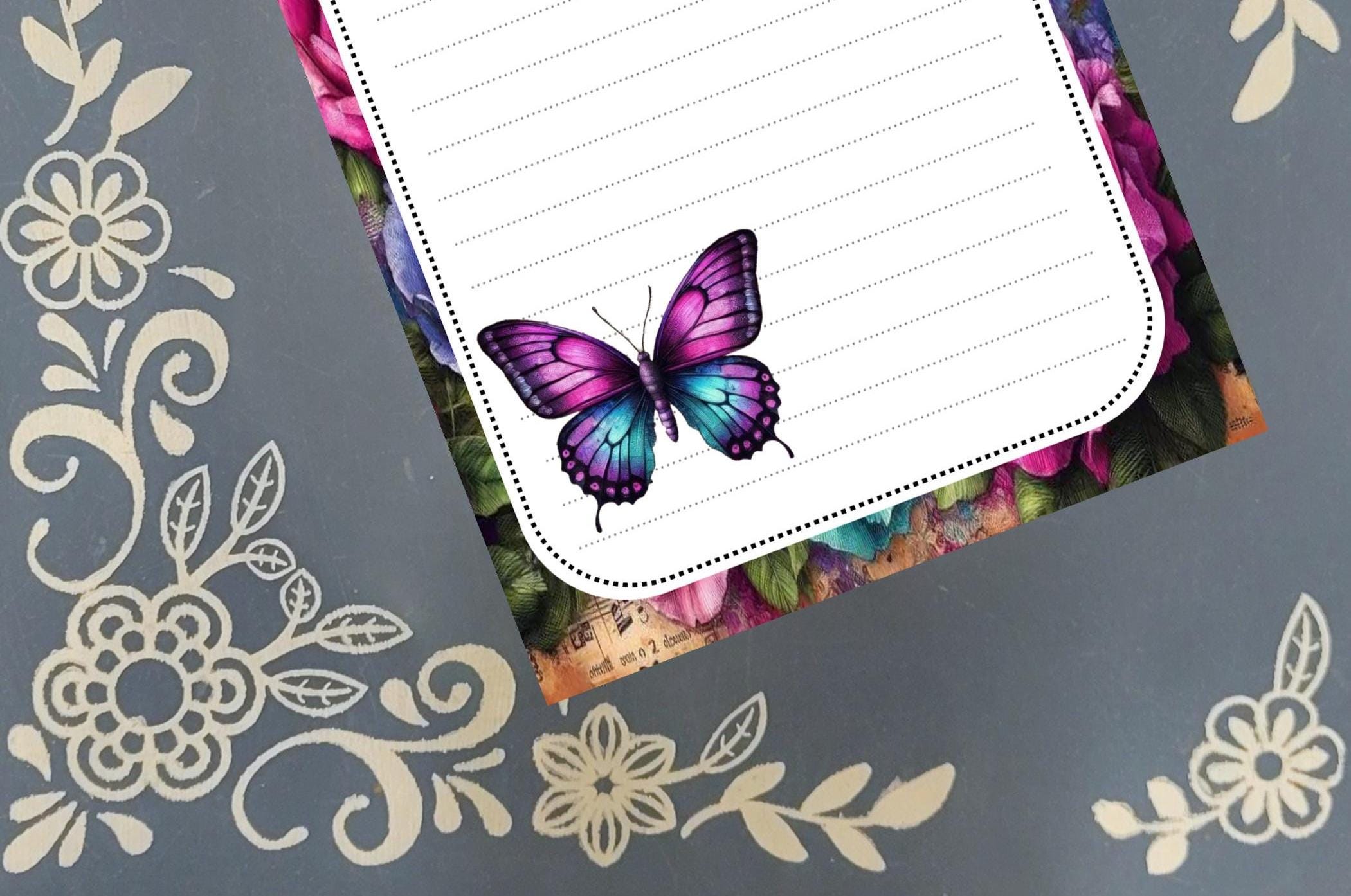 Personalized Butterfly Purple & Teal with Flowers, Notepad Stationery