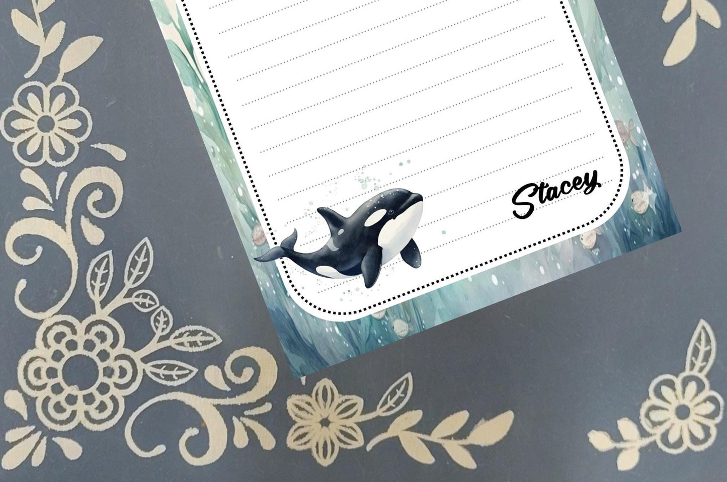 Personalized Orca Whale Swimming, Notepad Stationery