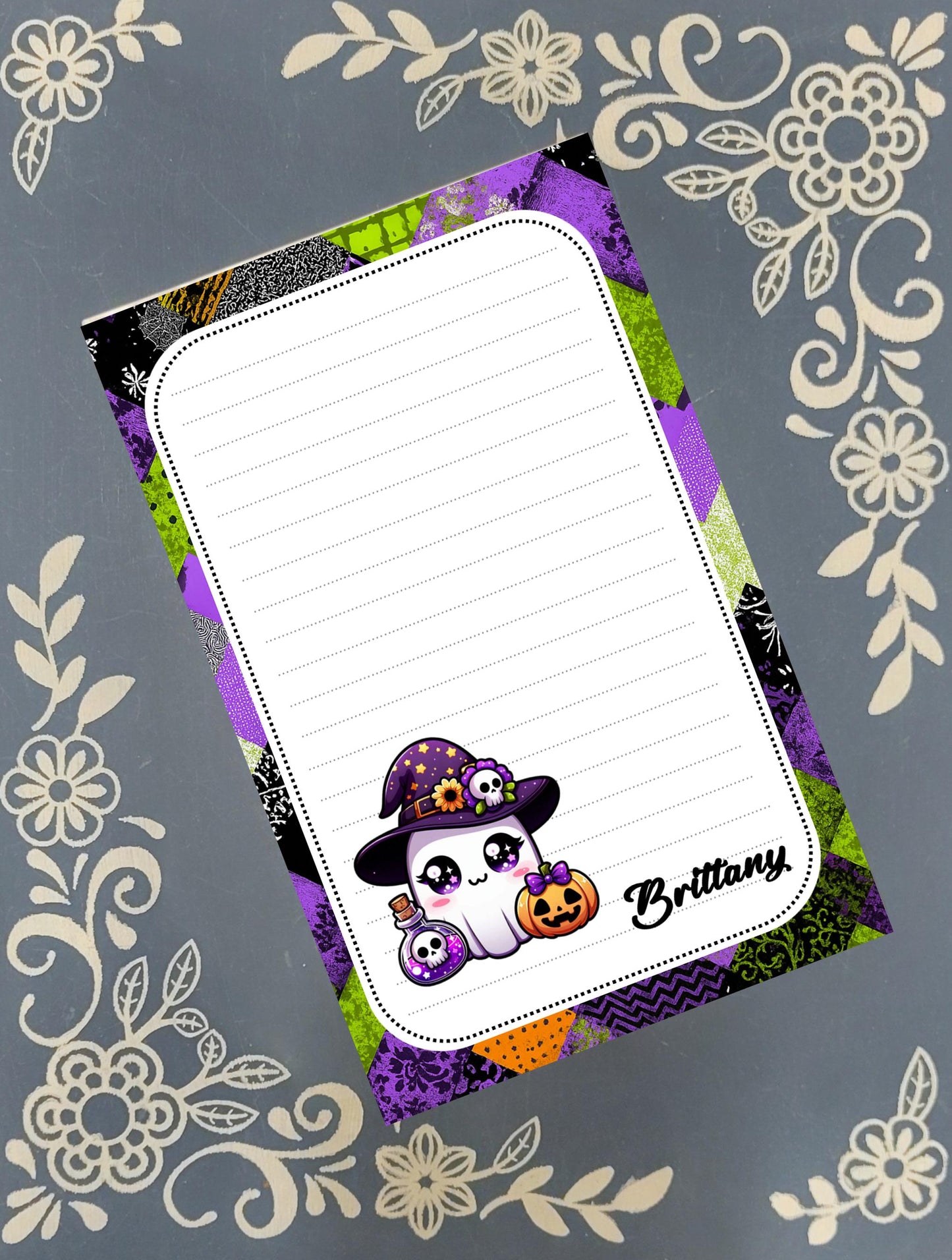 Personalized Ghost in a Witch Hat with a Potion Bottle, Halloween, Notepad Stationery