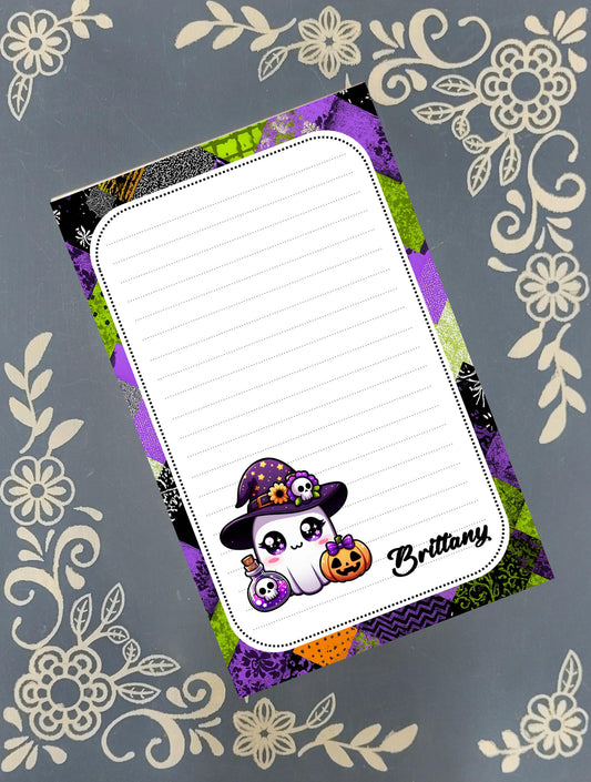 Personalized Ghost in a Witch Hat with a Potion Bottle, Halloween, Notepad Stationery
