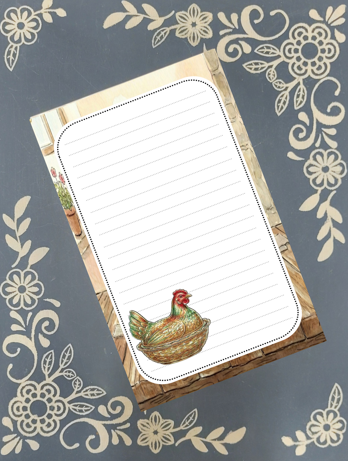 Personalized Vintage Chicken on a Nest Pyrex, sitting on a Farmhouse Table, Notepad Stationery