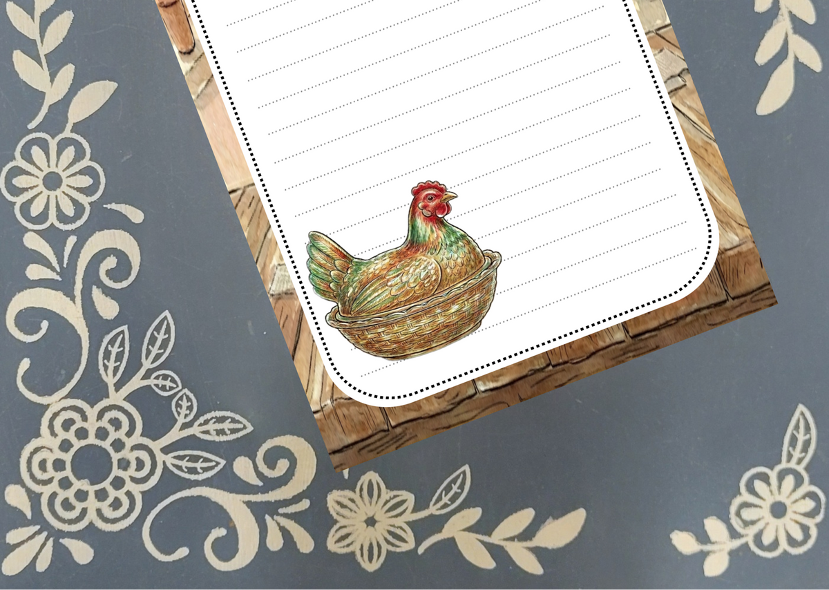 Personalized Vintage Chicken on a Nest Pyrex, sitting on a Farmhouse Table, Notepad Stationery