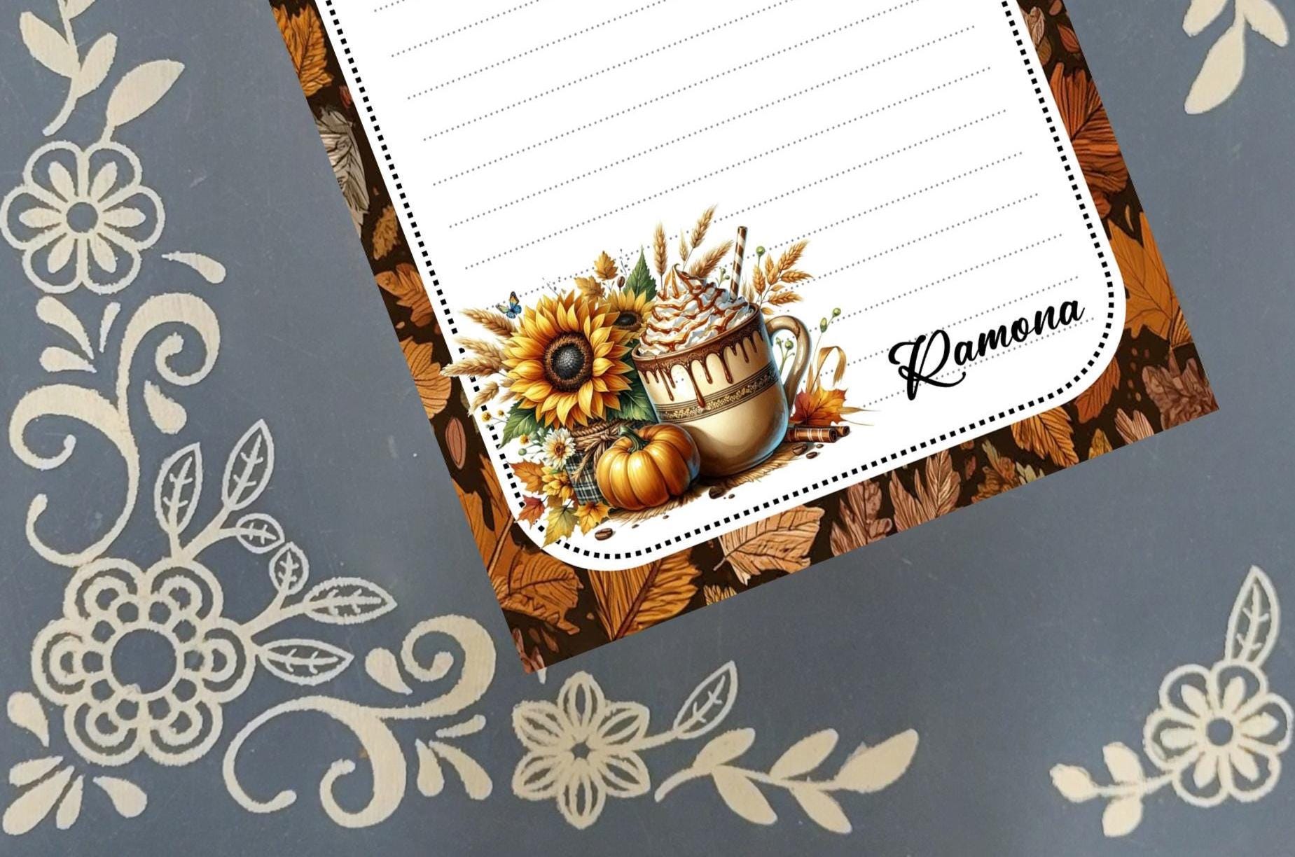 Personalized Coffee Pumpkin Spice Latte with Sunflower and Pumpkin, Fall Autumn Notepad Stationery
