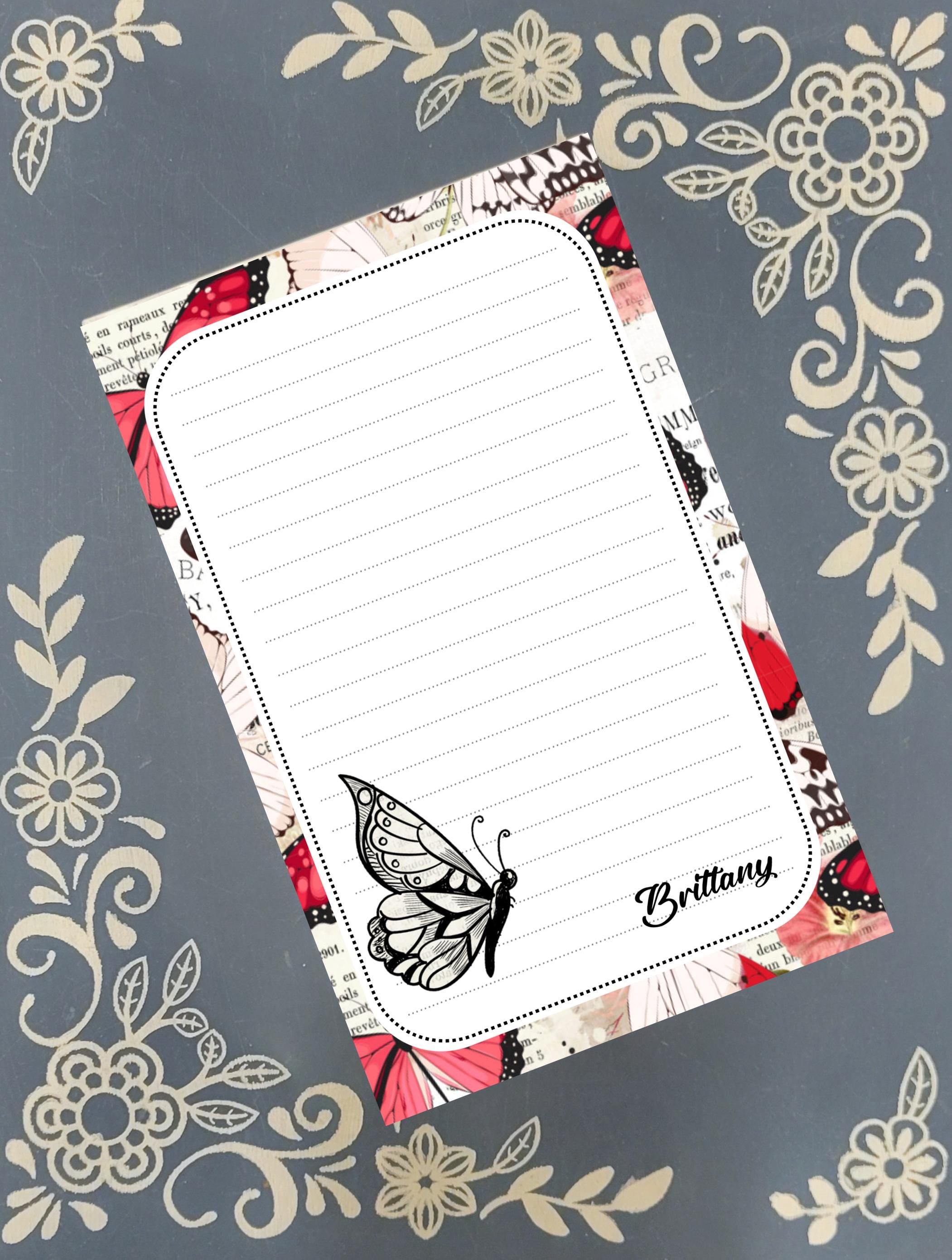 Personalized Butterfly, Black and White, Rose Red, Notepad Stationery