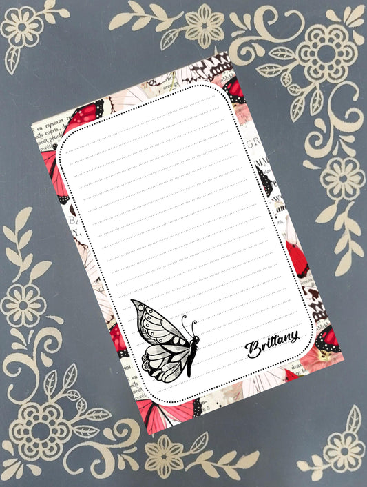 Personalized Butterfly, Black and White, Rose Red, Notepad Stationery