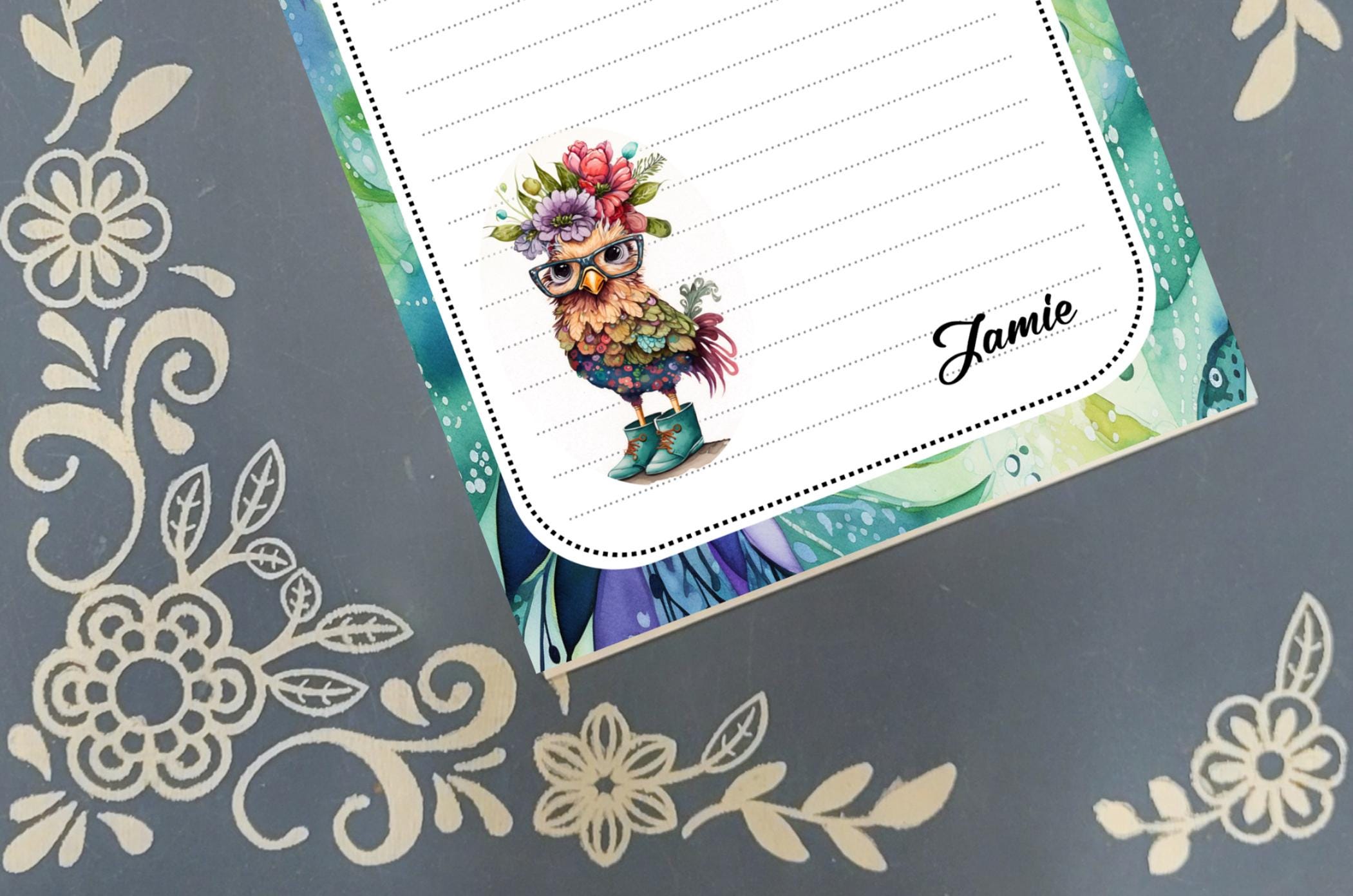 Personalized Fancy Chicken, Teal, Notepad Stationery