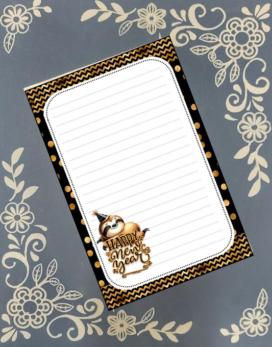 Personalized Happy New Year, Adorable Sloth, Notepad Stationery