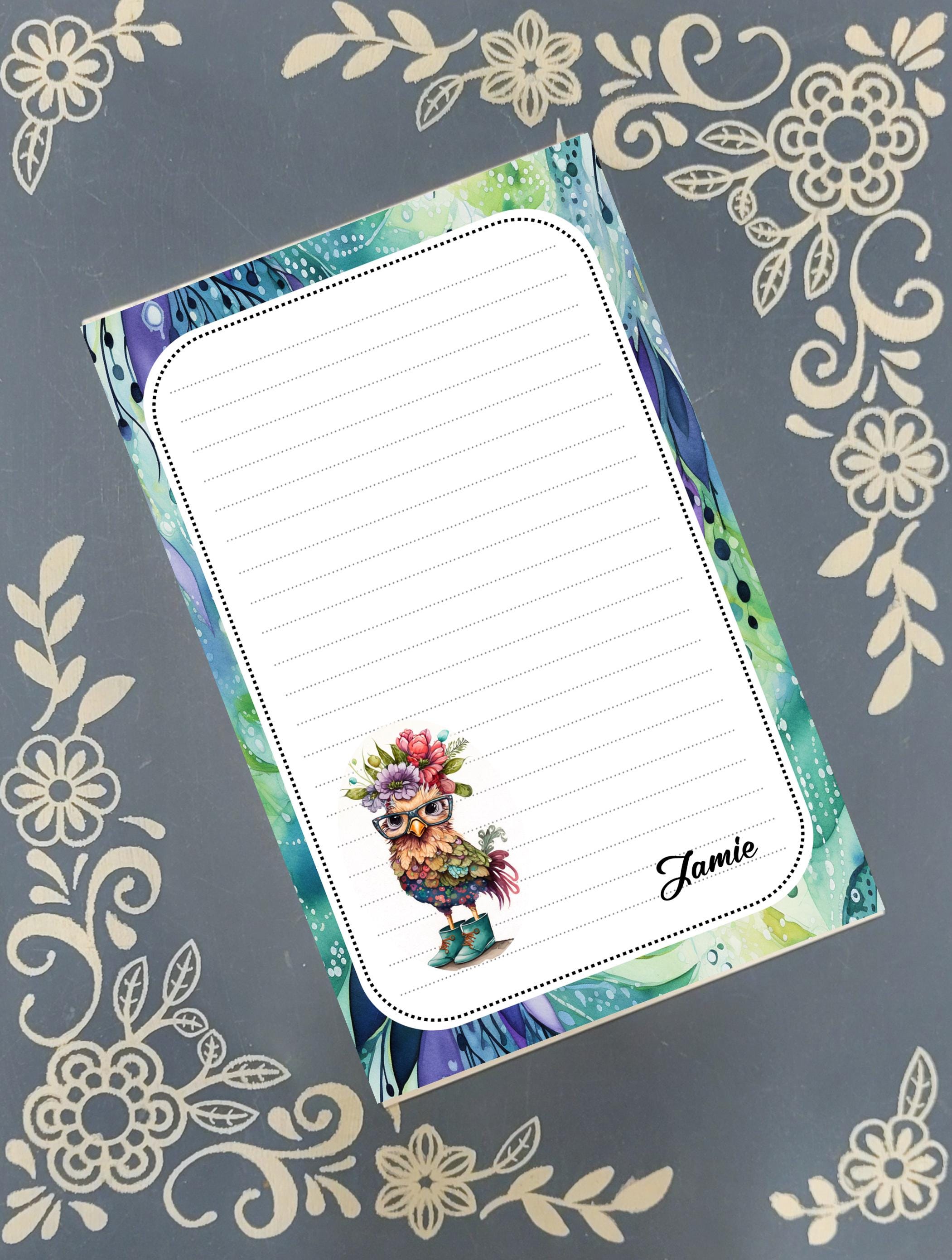 Personalized Fancy Chicken, Teal, Notepad Stationery