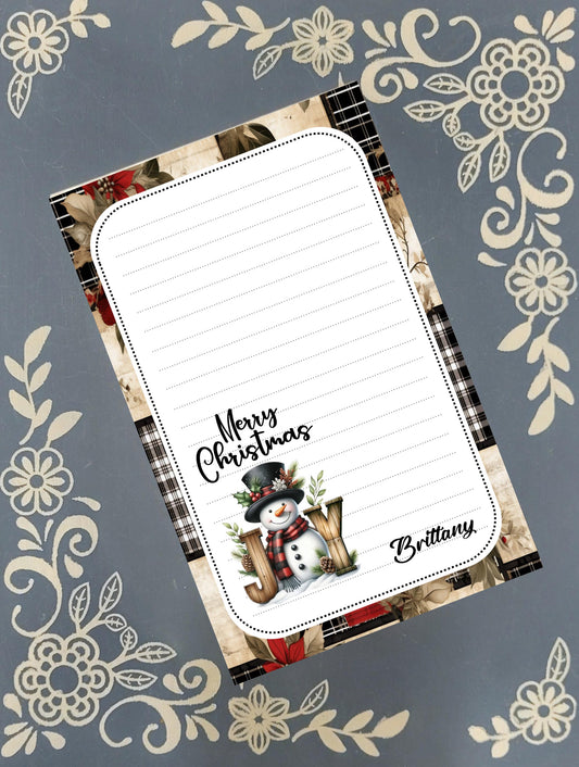 Personalized Snowman, Merry Christmas, Joy, Winter, Holiday, Christmas, Notepad Stationery