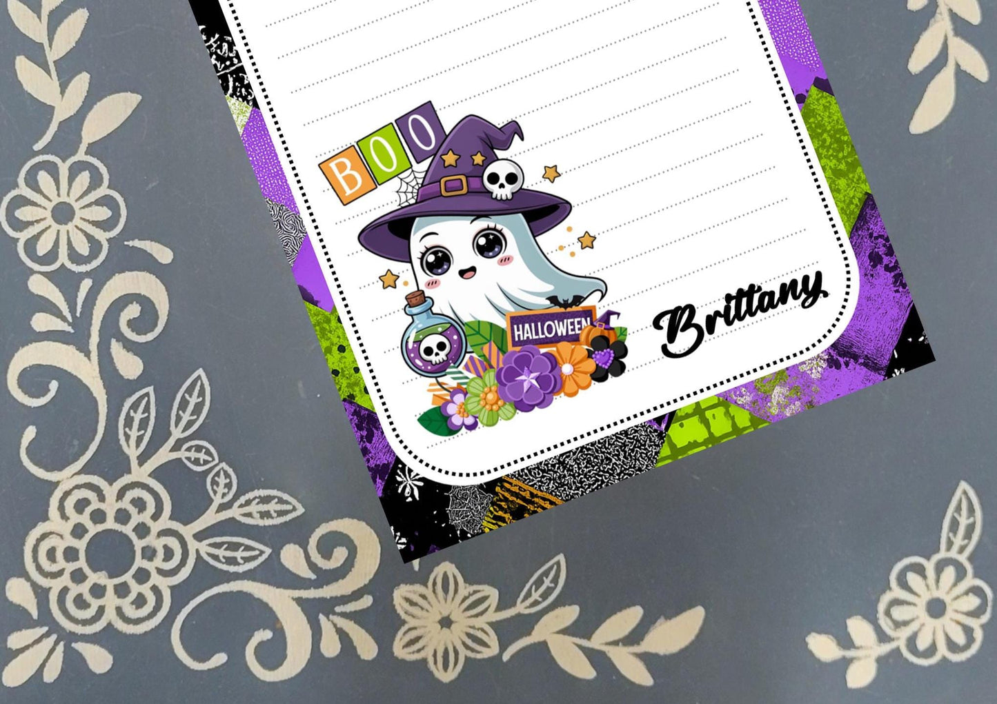 Personalized Boo, Ghost in a Witch Hat with a Potion Bottle, Halloween Flowers, Notepad Stationery