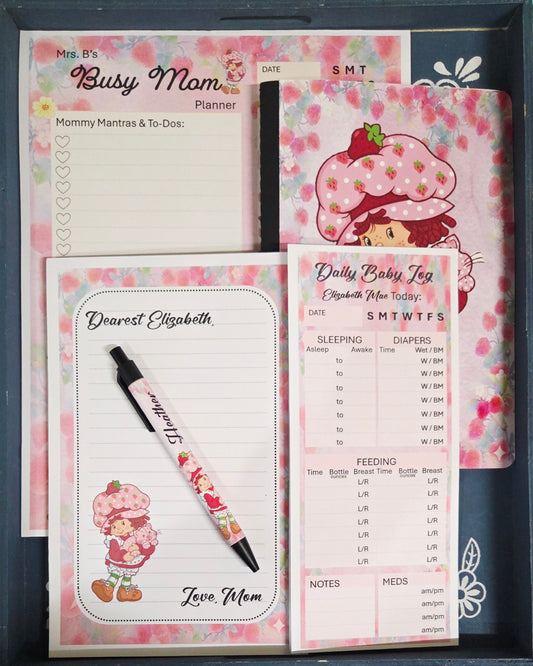 Empowered Mama Bespoke 5-piece baby shower gift set layout featuring premium motherhood stationery and self-care items.