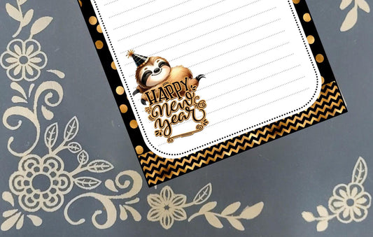 Personalized Happy New Year, Adorable Sloth, Notepad Stationery