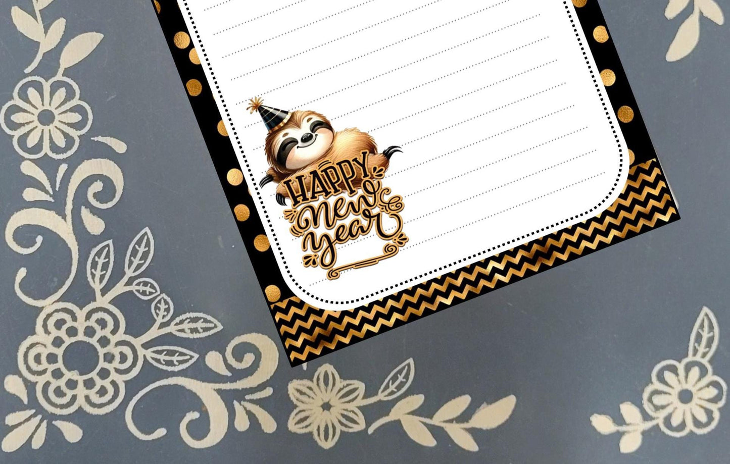 Personalized Happy New Year, Adorable Sloth, Notepad Stationery