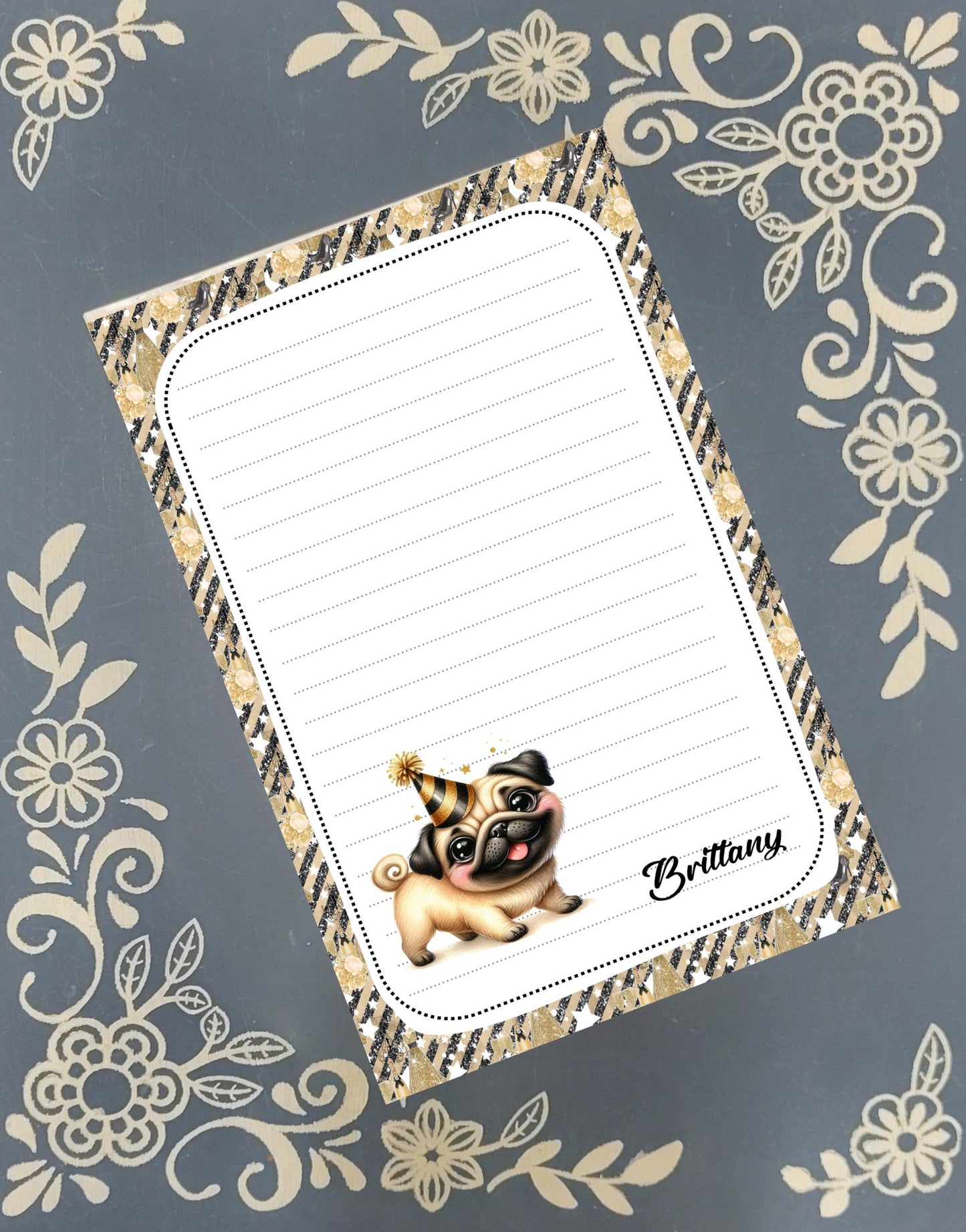 Personalized Happy New Year, Adorable Pug, Notepad Stationery