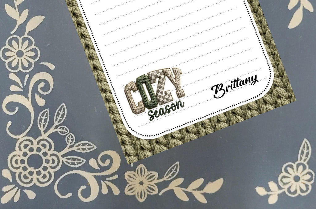 Personalized Cozy Season, knit sweater, winter, olive green, Notepad Stationery