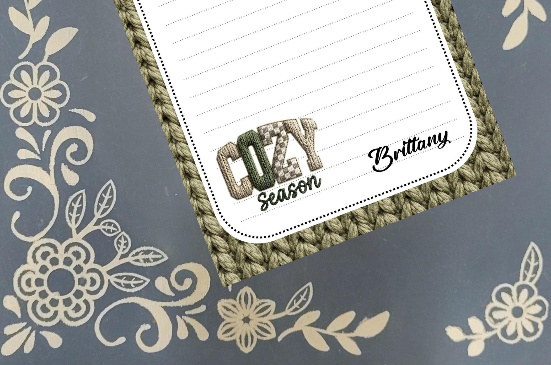 Personalized Cozy Season, knit sweater, winter, olive green, Notepad Stationery