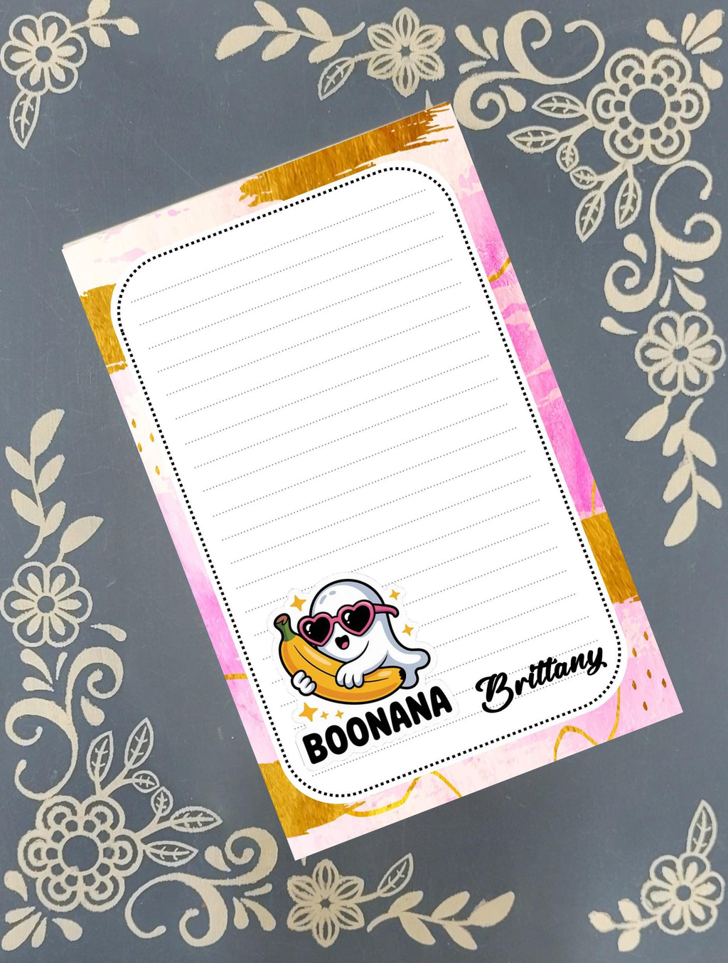 Personalized Boonana, Ghost wearing Pink Sunglasses holding a Banana, Halloween, Notepad Stationery