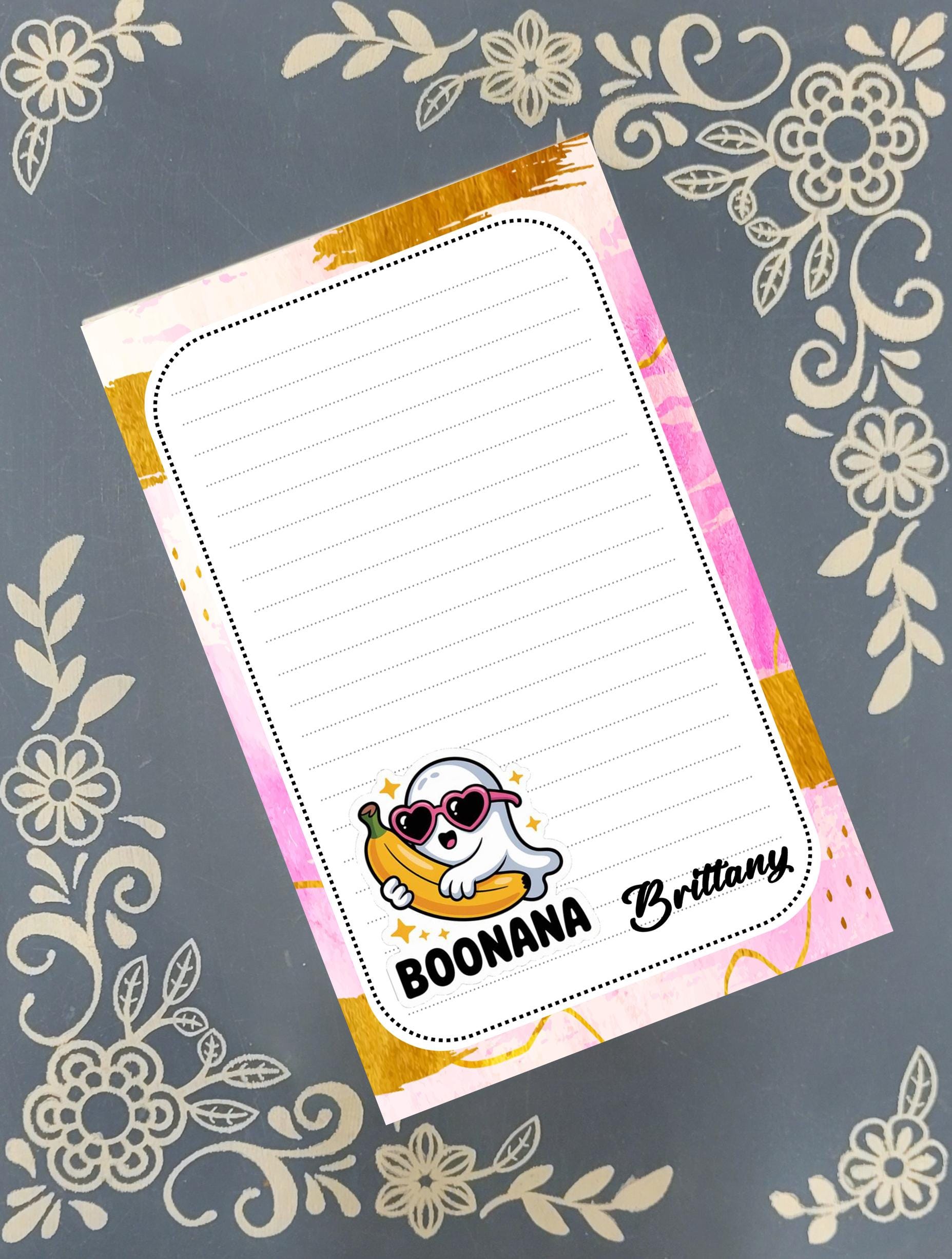 Personalized Boonana, Ghost wearing Pink Sunglasses holding a Banana, Halloween, Notepad Stationery