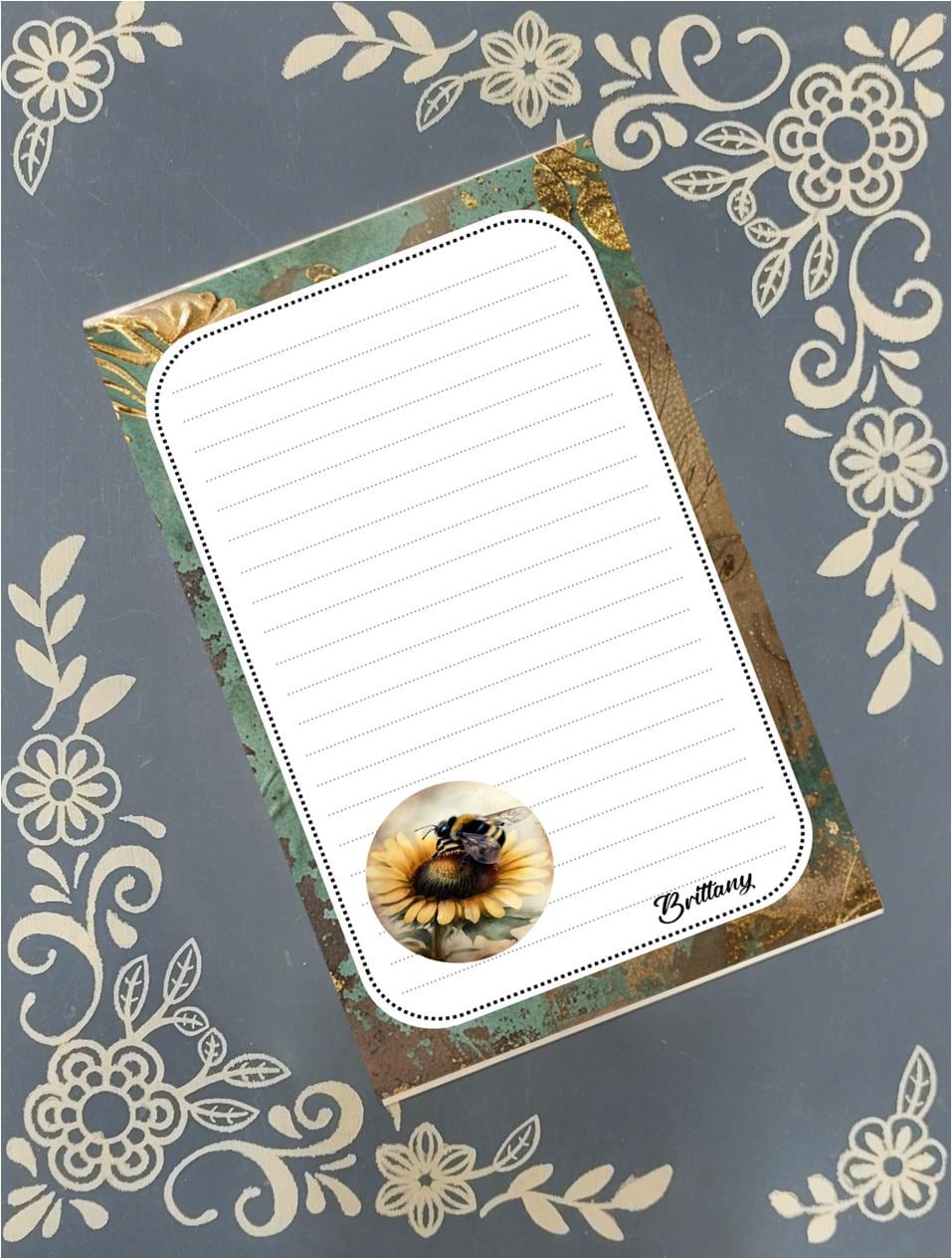 Personalized Bee and Sunflower 2, green and gold, Notepad Stationery