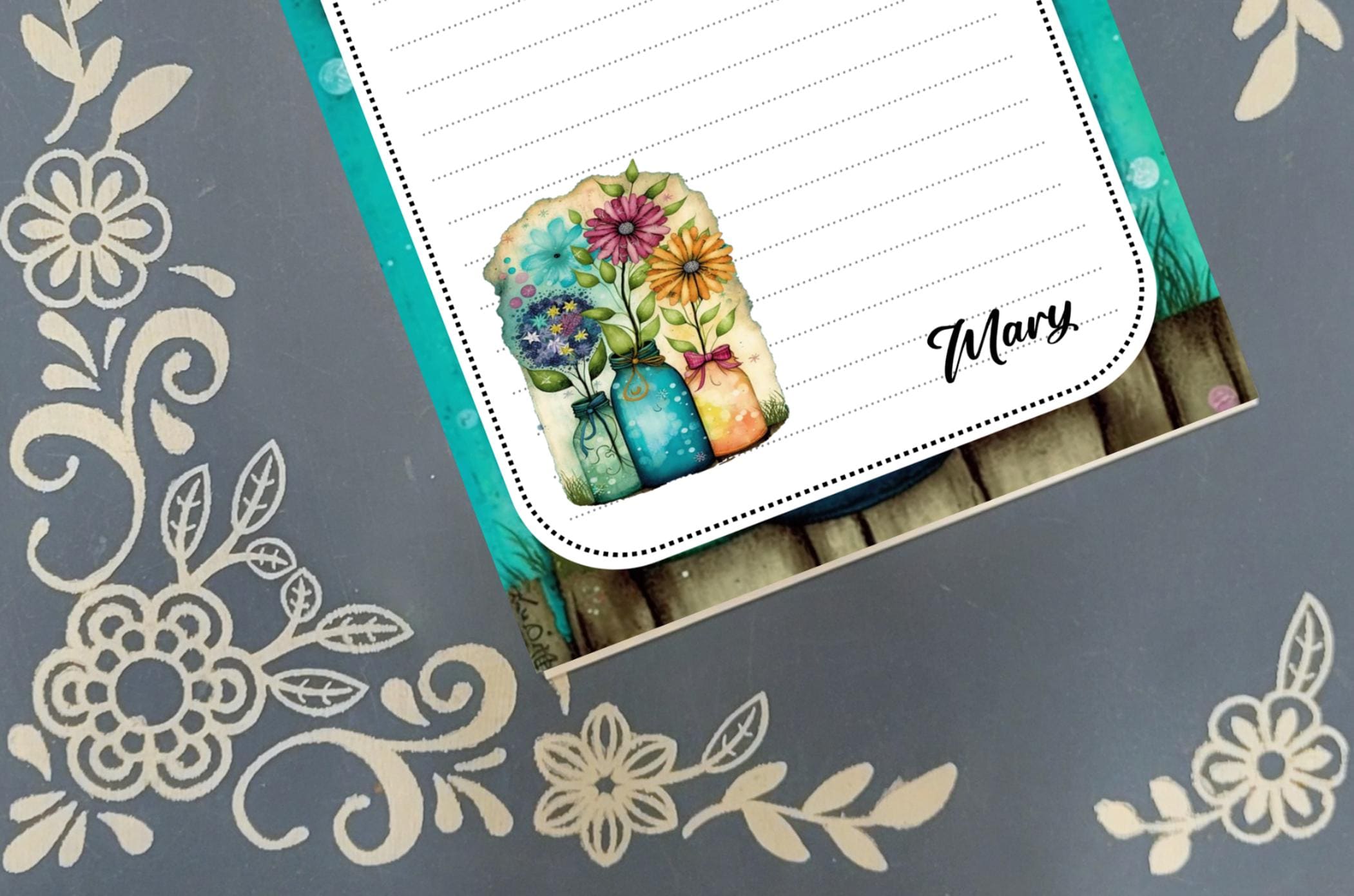 Personalized Flowers in Vases, Teal, Notepad Stationery