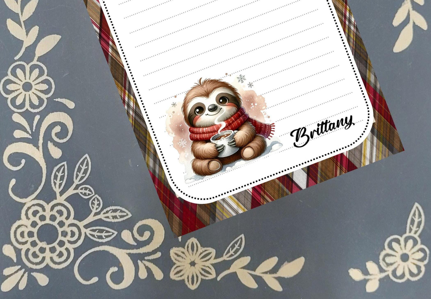 Personalized Sloth with Mug, Christmas, Holiday, Winter Notepad Stationery