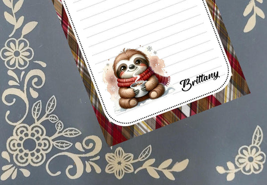 Personalized Sloth with Mug, Christmas, Holiday, Winter Notepad Stationery