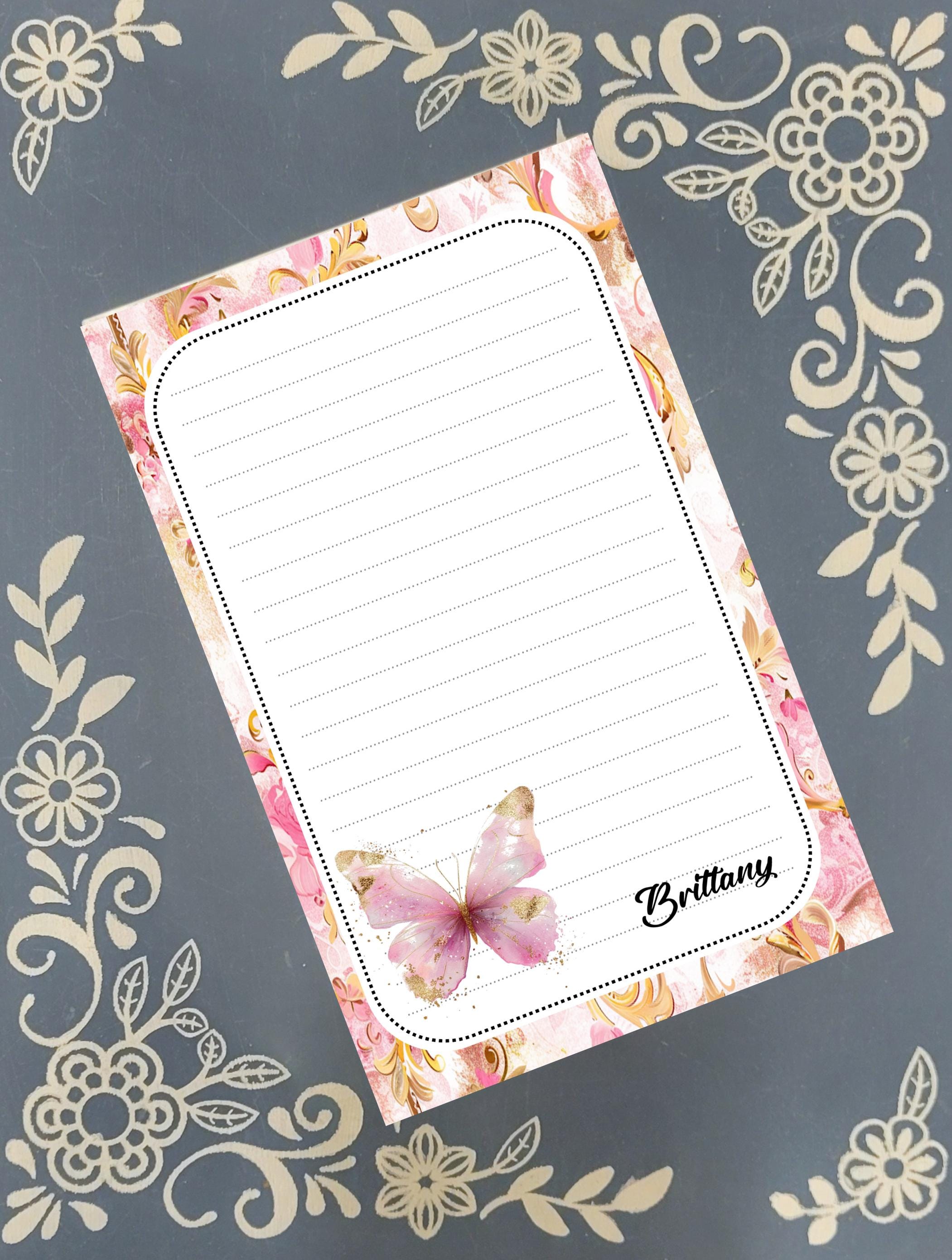 Personalized Butterfly Floral, Pink and Gold, Notepad Stationery