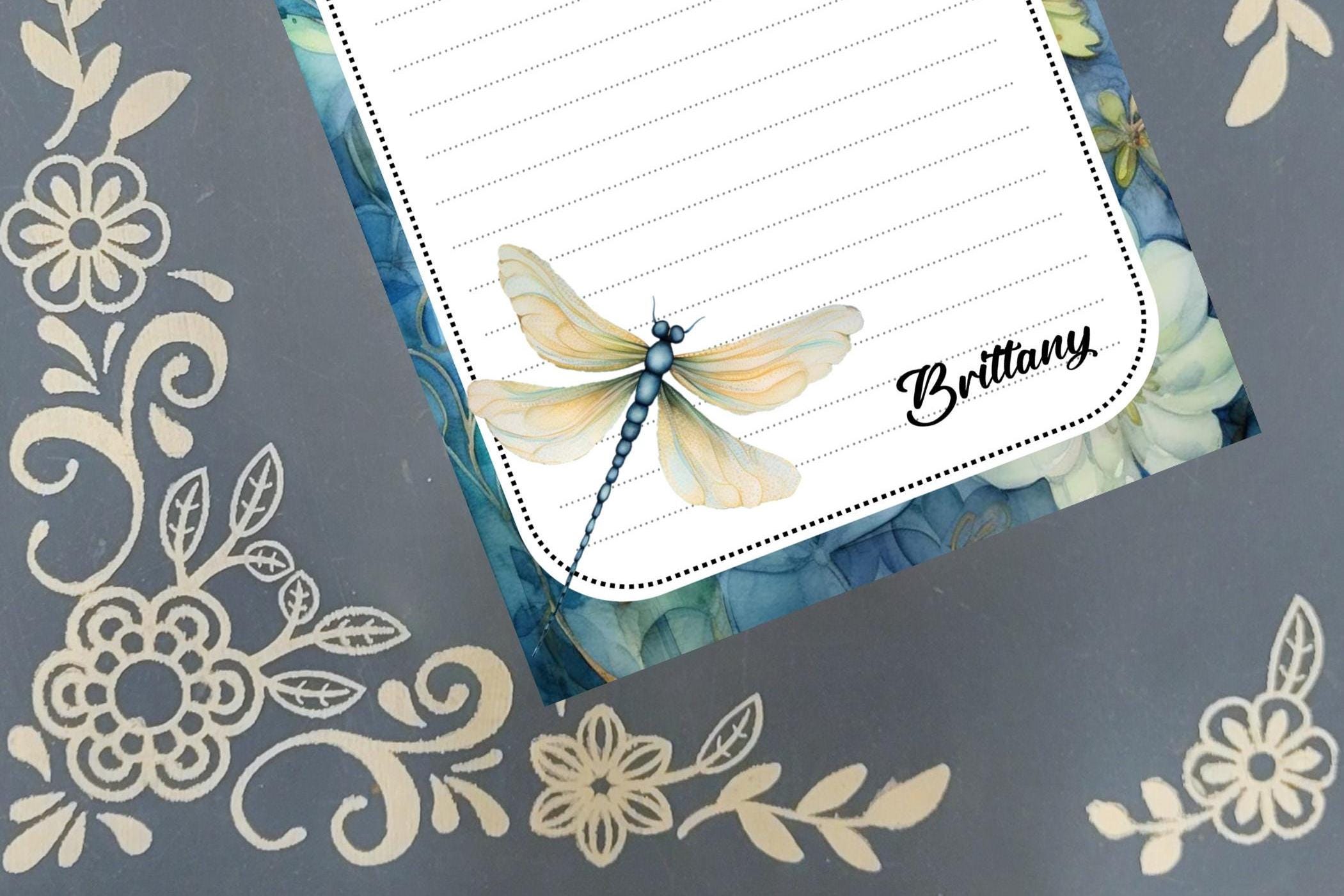 Personalized Dragonfly, Blue Floral, Notepad Stationery