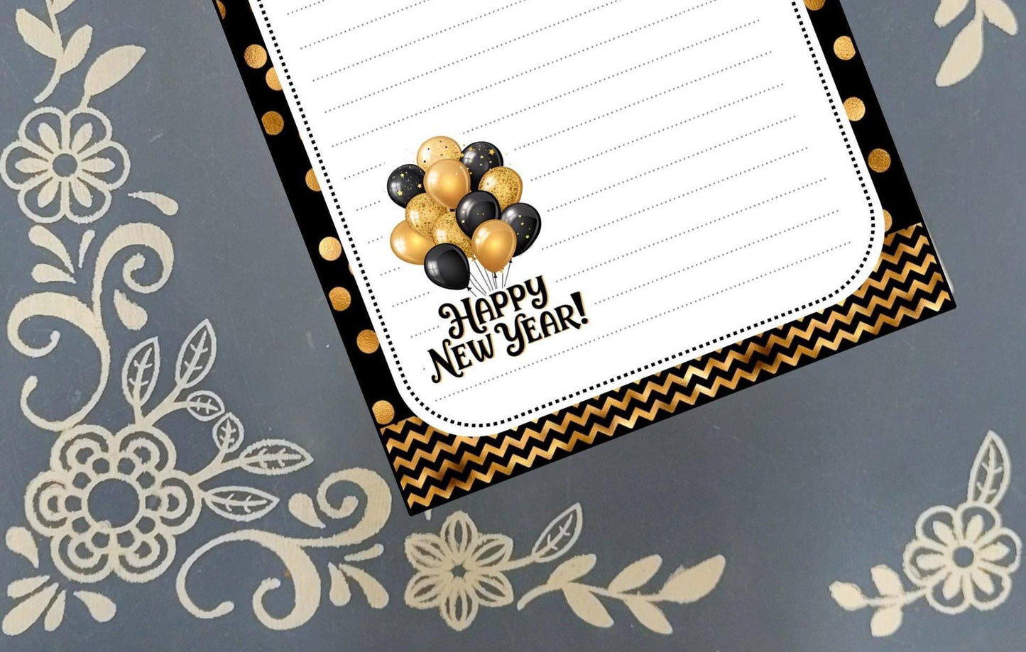 Personalized Happy New Year, Black and Gold Balloons, Notepad Stationery