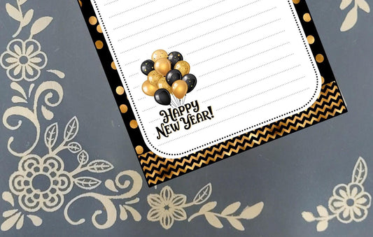 Personalized Happy New Year, Black and Gold Balloons, Notepad Stationery