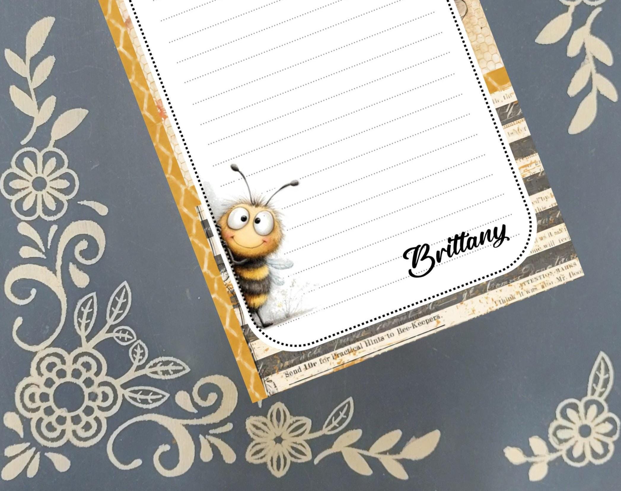 Personalized Bee Peeking, yellow, Notepad Stationery