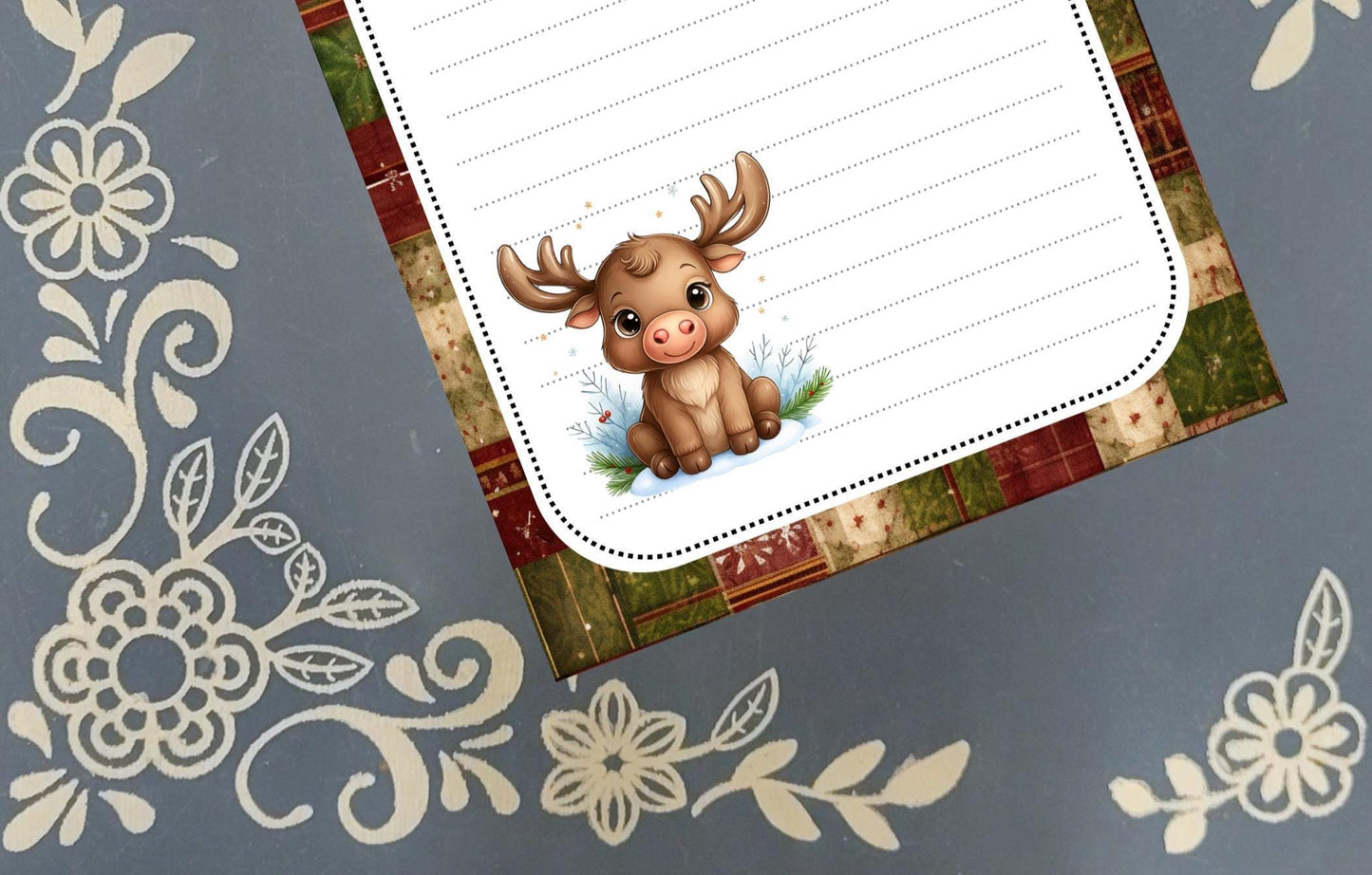 Personalized Moose, Holiday Moose, Christmas, Winter, Red Plaid, Notepad Stationery