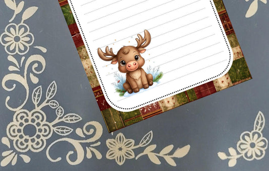 Personalized Moose, Holiday Moose, Christmas, Winter, Red Plaid, Notepad Stationery
