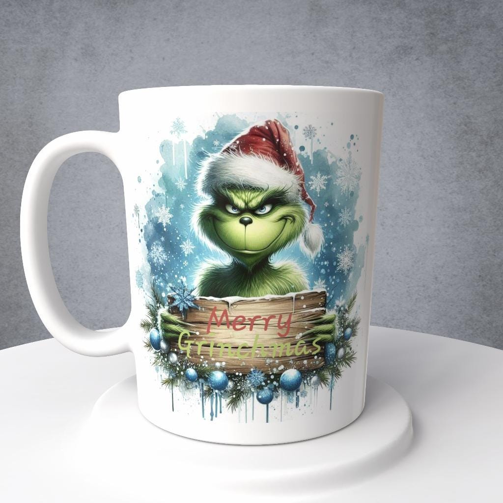 Green Santa with sign, Merry Grinchmas, Christmas, Mug or Tumbler