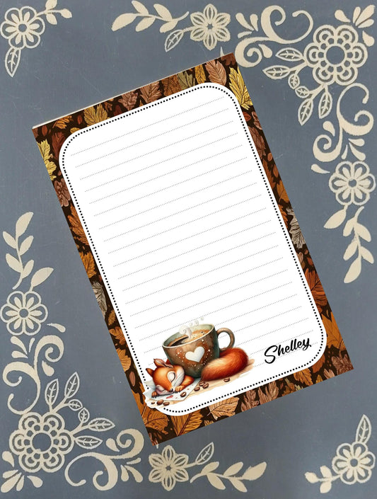Personalized Squirrel around a Coffee Mug, Autumn Fall, Notepad Stationery