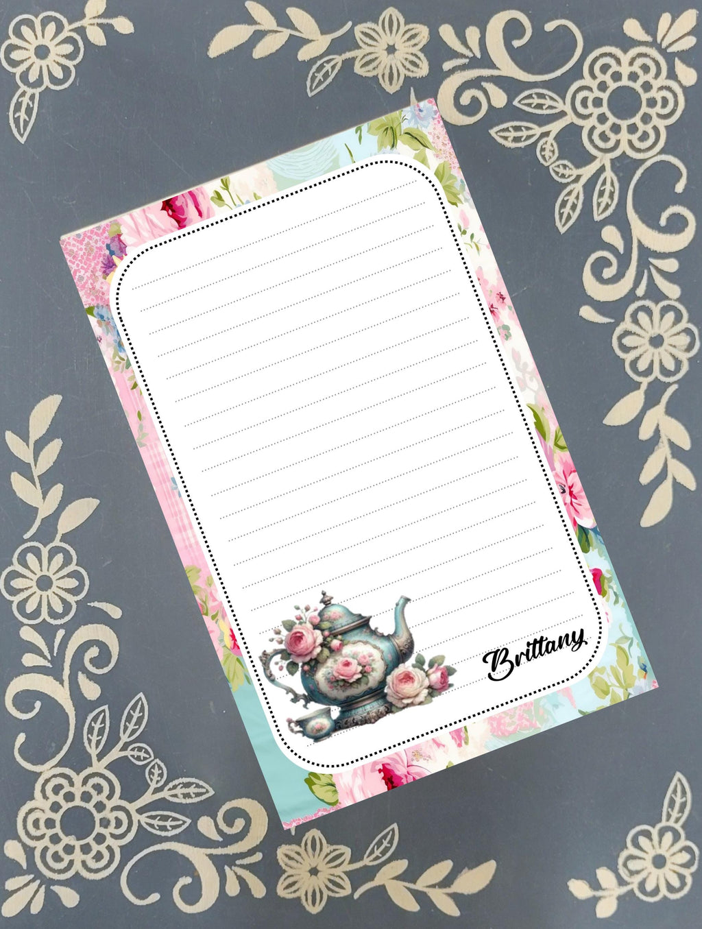 Personalized Blue Teapot with Pink Roses, Notepad Stationery