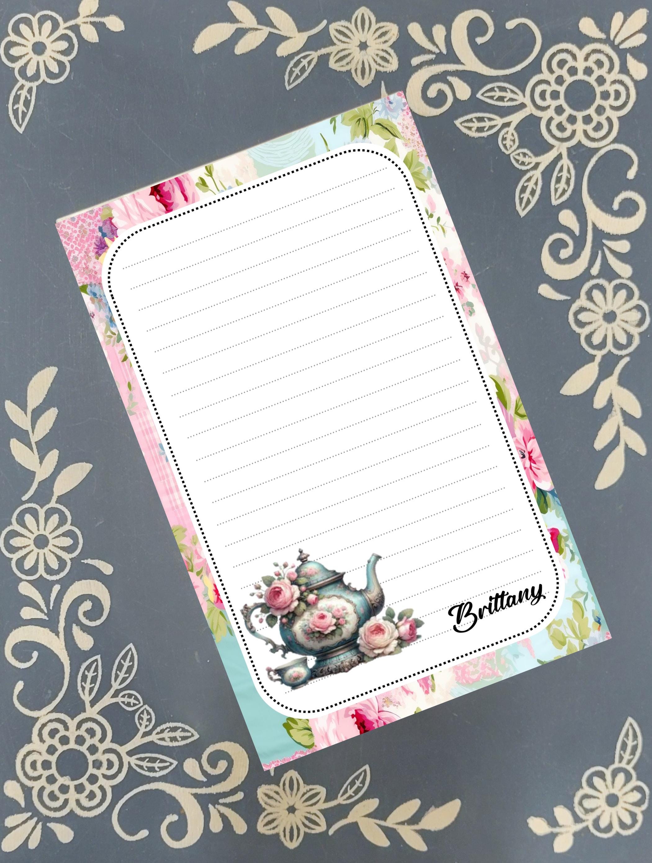 Personalized Blue Teapot with Pink Roses, Notepad Stationery