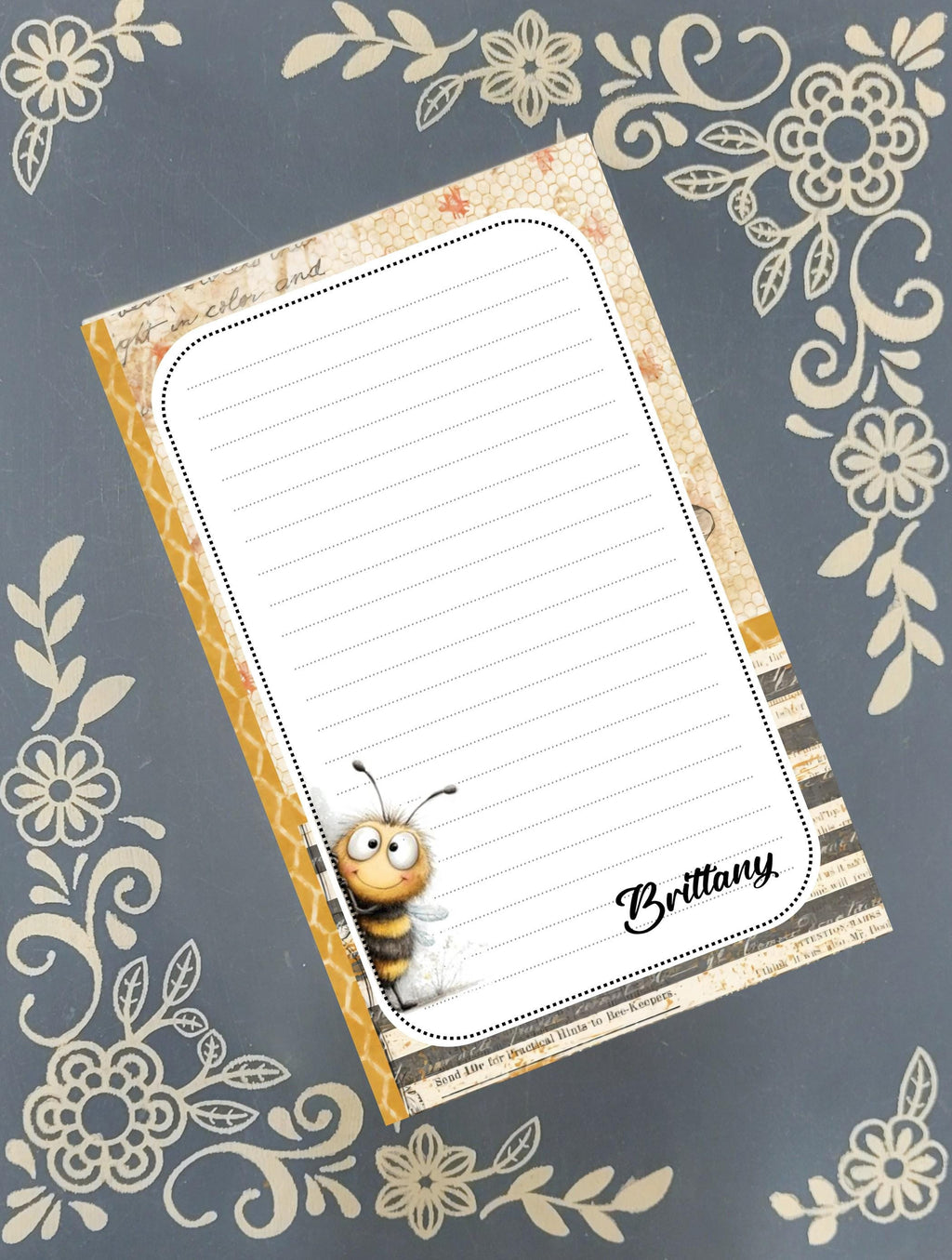 Personalized Bee Peeking, yellow, Notepad Stationery