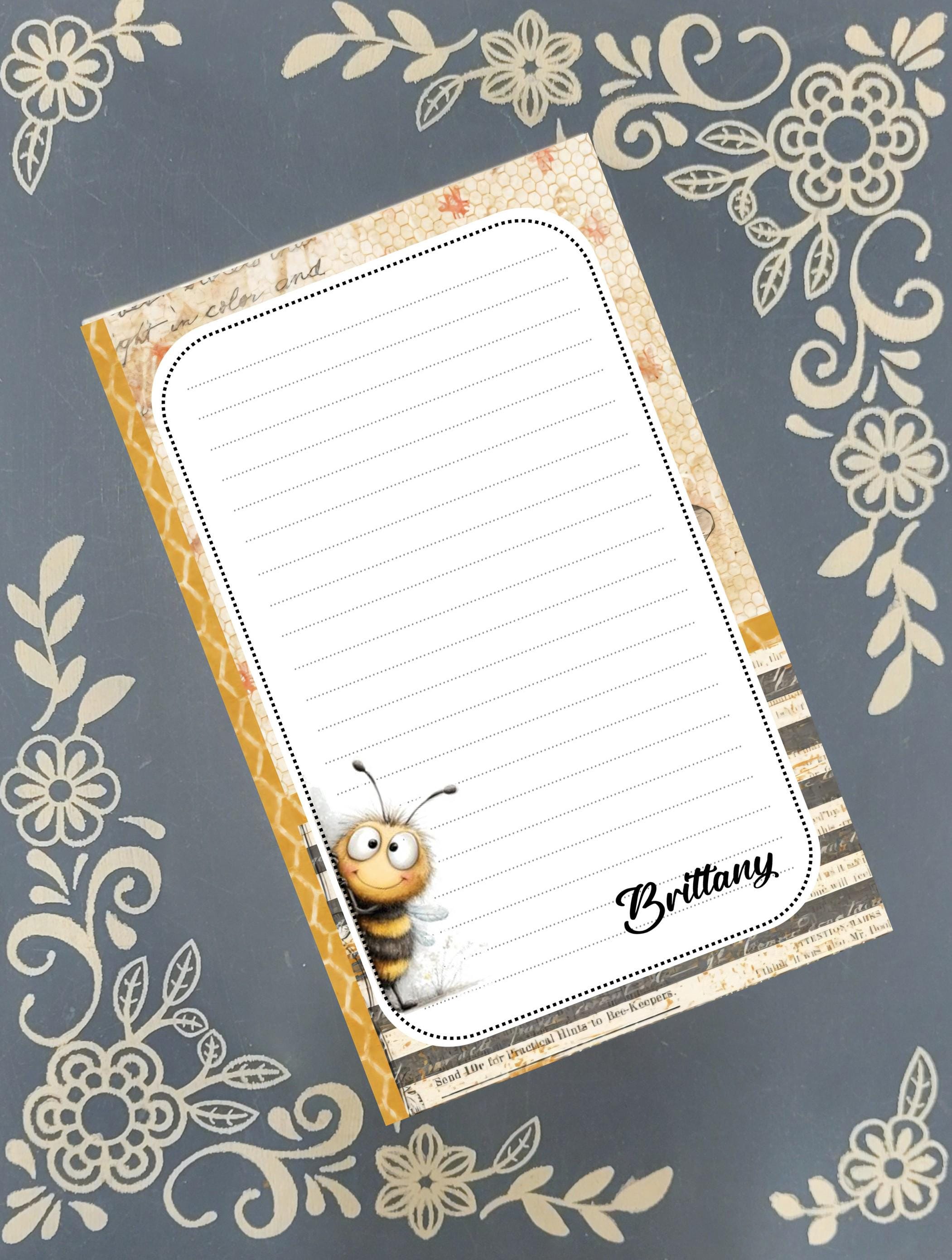Personalized Bee Peeking, yellow, Notepad Stationery